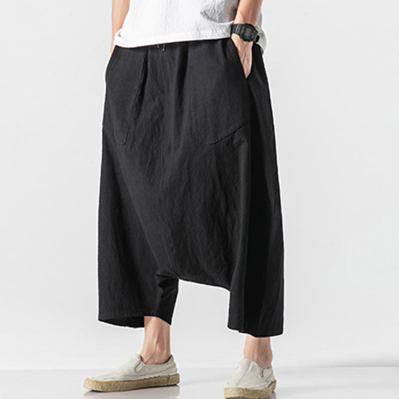 Buddha Stones męskie szerokie nogawki z kieszeniami i niskim krokiem, z bawełny i lnu, o długości 7-8, z szerokimi nogawkami i sznurkiem ściągającym - image 30