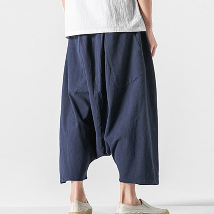 Buddha Stones męskie szerokie nogawki z kieszeniami i niskim krokiem, z bawełny i lnu, o długości 7-8, z szerokimi nogawkami i sznurkiem ściągającym - image 4