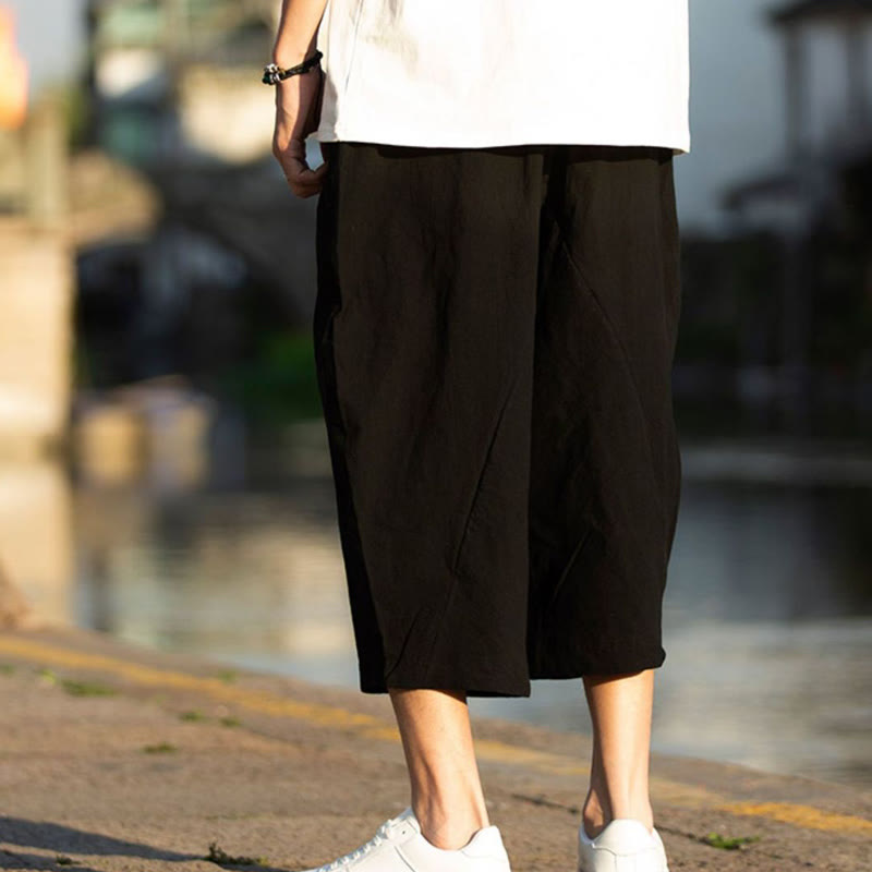 Spodnie męskie lniane z bawełny i kieszeniami, długość 7-8, z nadrukiem Buddha Stones, letnie, proste, plisowane, ze ściągaczem - image 8