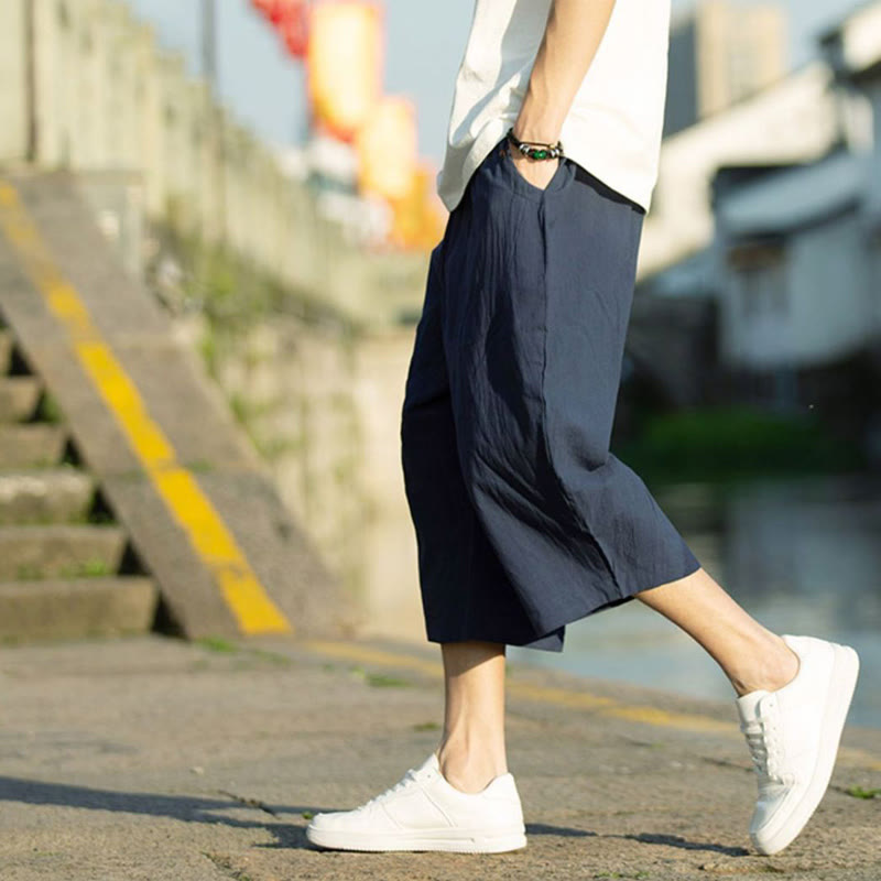 Spodnie męskie lniane z bawełny i kieszeniami, długość 7-8, z nadrukiem Buddha Stones, letnie, proste, plisowane, ze ściągaczem - image 14