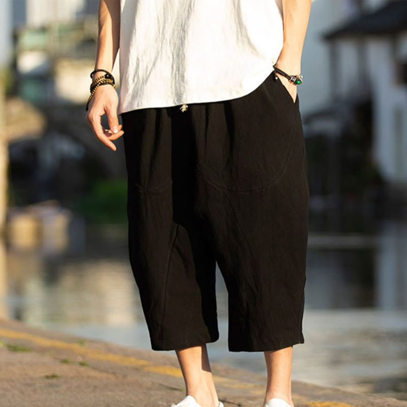 Spodnie męskie lniane z bawełny i kieszeniami, długość 7-8, z nadrukiem Buddha Stones, letnie, proste, plisowane, ze ściągaczem - image 7