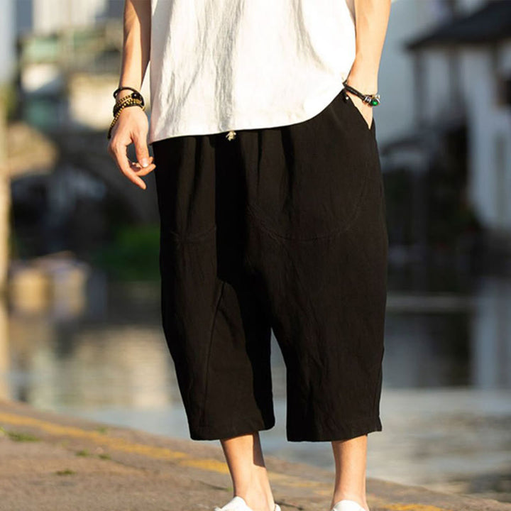 Spodnie męskie lniane z bawełny i kieszeniami, długość 7-8, z nadrukiem Buddha Stones, letnie, proste, plisowane, ze ściągaczem - image 7