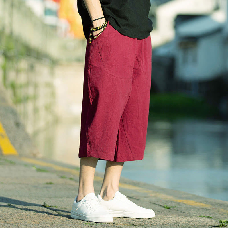 Spodnie męskie lniane z bawełny i kieszeniami, długość 7-8, z nadrukiem Buddha Stones, letnie, proste, plisowane, ze ściągaczem - Karmazynowy - US/UK/AU46， EU56 (5XL) - image 18