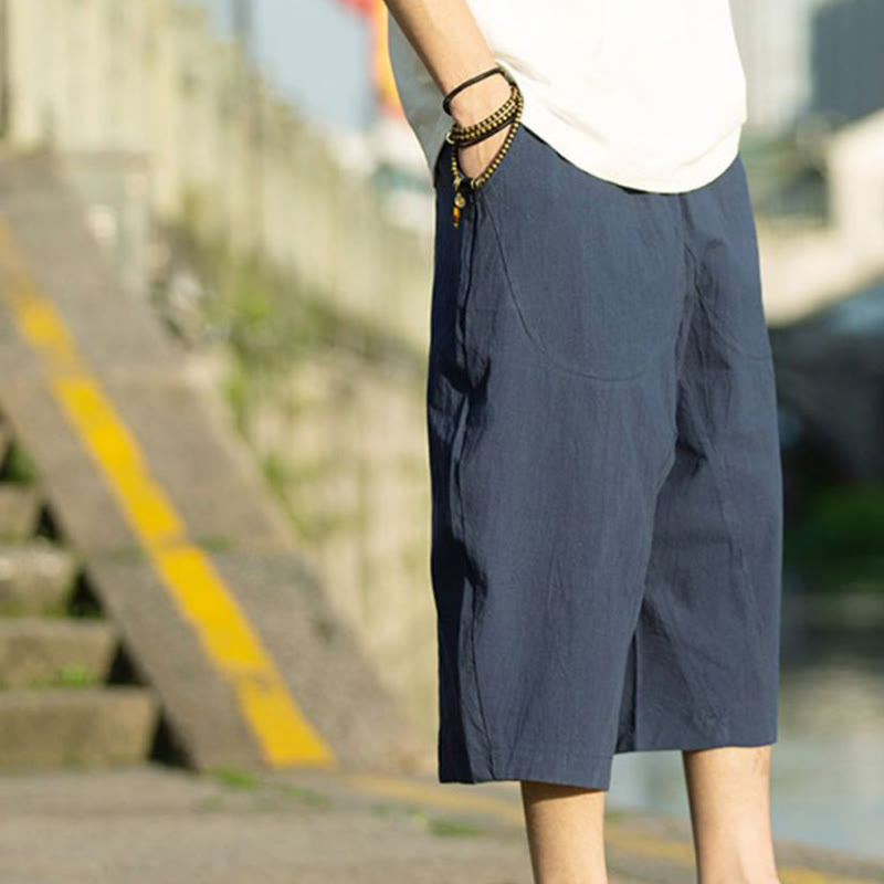 Spodnie męskie lniane z bawełny i kieszeniami, długość 7-8, z nadrukiem Buddha Stones, letnie, proste, plisowane, ze ściągaczem - image 13