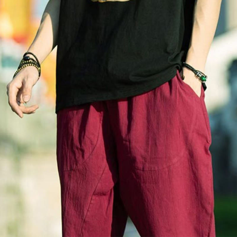 Spodnie męskie lniane z bawełny i kieszeniami, długość 7-8, z nadrukiem Buddha Stones, letnie, proste, plisowane, ze ściągaczem - image 23