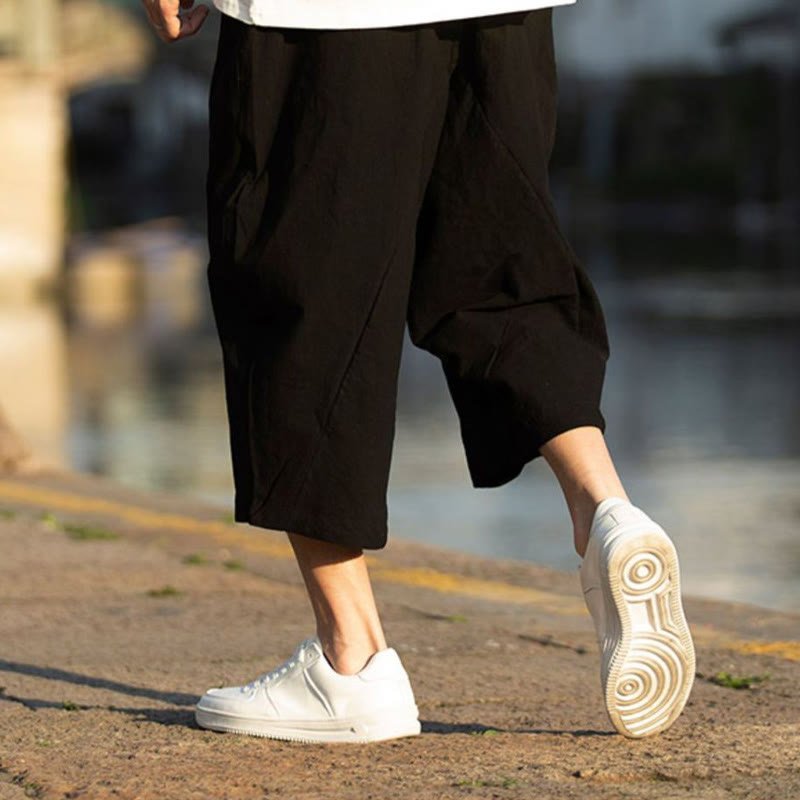 Spodnie męskie lniane z bawełny i kieszeniami, długość 7-8, z nadrukiem Buddha Stones, letnie, proste, plisowane, ze ściągaczem - image 6