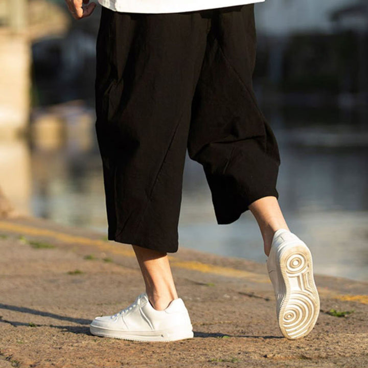 Spodnie męskie lniane z bawełny i kieszeniami, długość 7-8, z nadrukiem Buddha Stones, letnie, proste, plisowane, ze ściągaczem - image 6