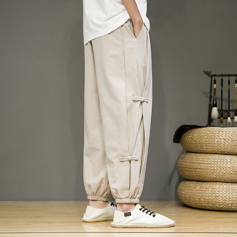 Buddha Stones Letnie Vintage Ściągacz Chiński Żaba-Guzik Projekt Męskie Spodnie Harem Bawełniane Lniane Z Kieszeniami - image 4