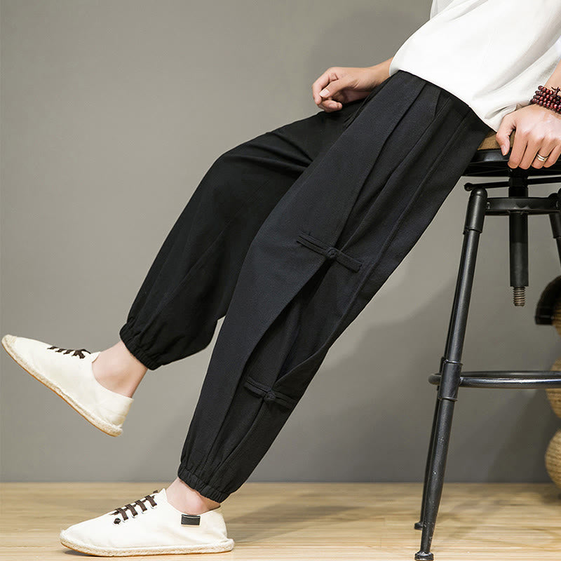 Buddha Stones Letnie Vintage Ściągacz Chiński Żaba-Guzik Projekt Męskie Spodnie Harem Bawełniane Lniane Z Kieszeniami - Czarny - US/UK/AU46， EU56 (5XL) - image 8