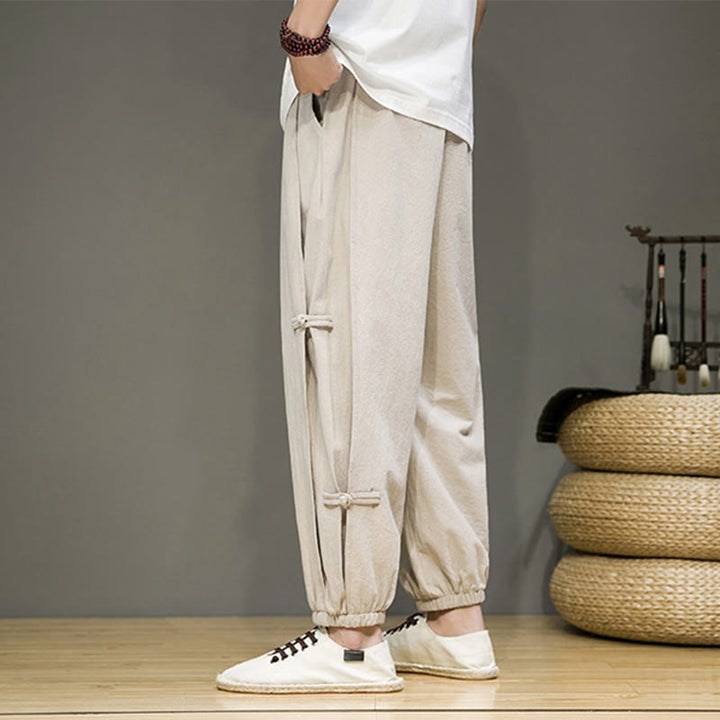 Buddha Stones Letnie Vintage Ściągacz Chiński Żaba-Guzik Projekt Męskie Spodnie Harem Bawełniane Lniane Z Kieszeniami - image 6