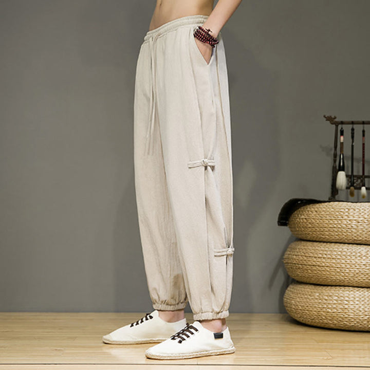 Buddha Stones Letnie Vintage Ściągacz Chiński Żaba-Guzik Projekt Męskie Spodnie Harem Bawełniane Lniane Z Kieszeniami - image 7