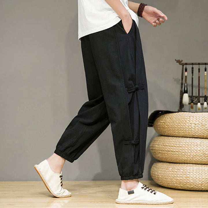 Buddha Stones Letnie Vintage Ściągacz Chiński Żaba-Guzik Projekt Męskie Spodnie Harem Bawełniane Lniane Z Kieszeniami - image 13