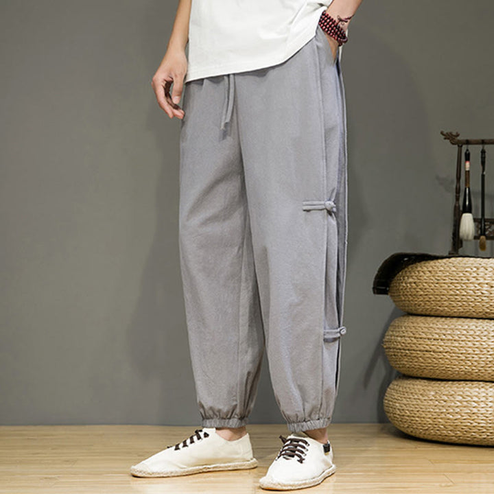 Buddha Stones Letnie Vintage Ściągacz Chiński Żaba-Guzik Projekt Męskie Spodnie Harem Bawełniane Lniane Z Kieszeniami - image 20