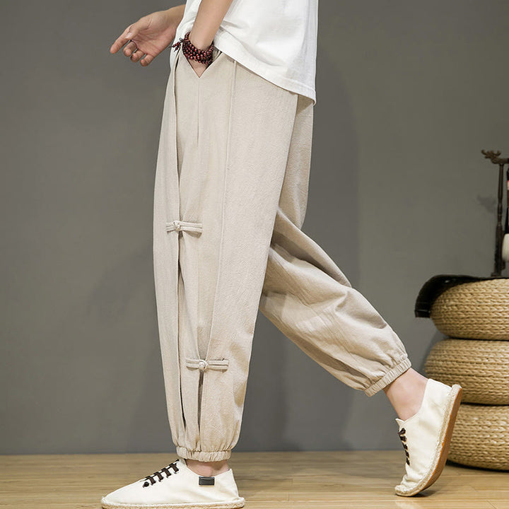 Buddha Stones Letnie Vintage Ściągacz Chiński Żaba-Guzik Projekt Męskie Spodnie Harem Bawełniane Lniane Z Kieszeniami - image 3