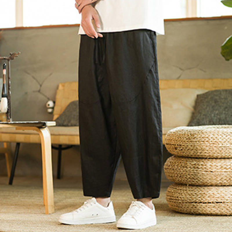 Buddha Stones Casual Retro Jednolity Kolor Prosty Design Ściągacz Męskie Lniane Elastyczne Spodnie Harem Z Kieszeniami