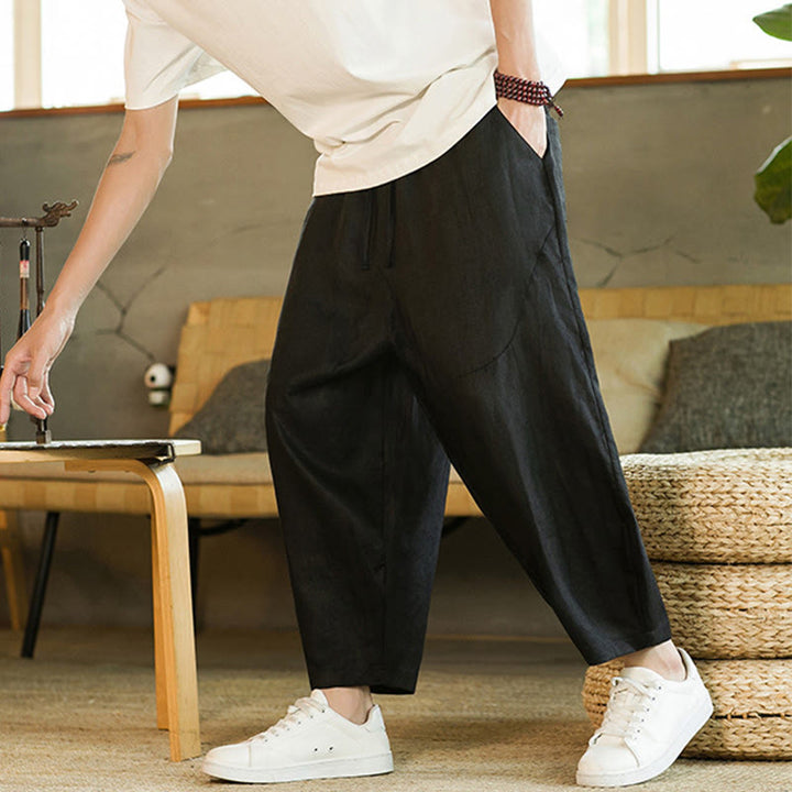 Buddha Stones Casual Retro Jednolity Kolor Prosty Design Ściągacz Męskie Lniane Elastyczne Spodnie Harem Z Kieszeniami - image 11