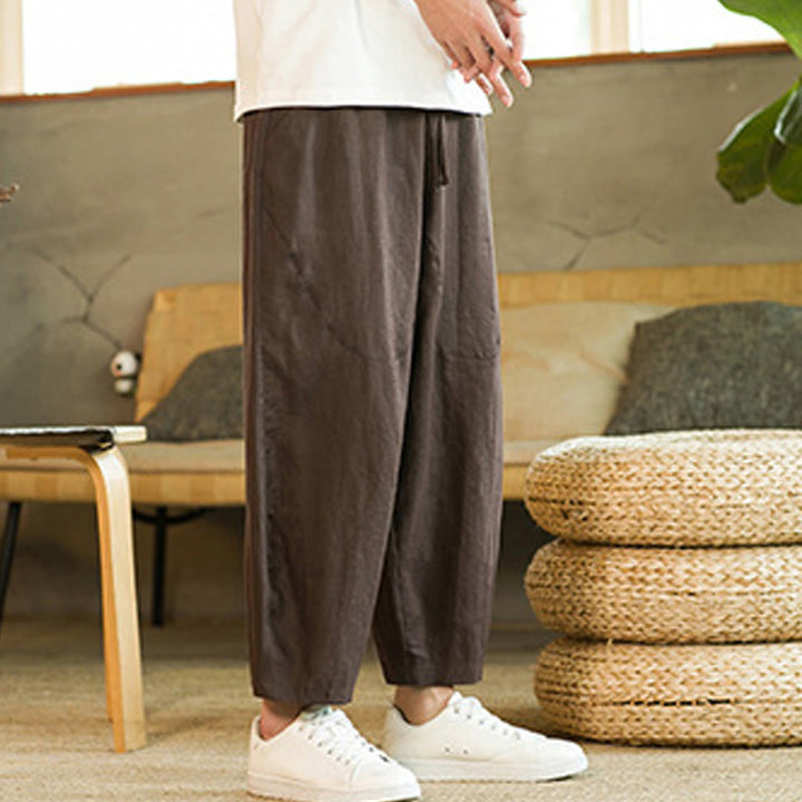 Buddha Stones Casual Retro Jednolity Kolor Prosty Design Ściągacz Męskie Lniane Elastyczne Spodnie Harem Z Kieszeniami