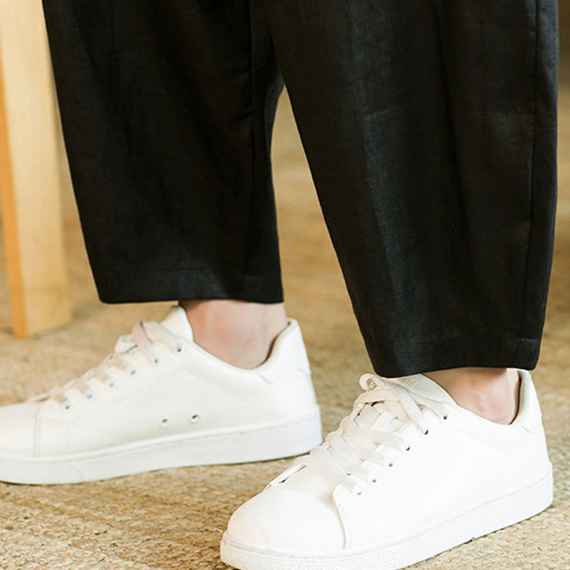 Buddha Stones Casual Retro Jednolity Kolor Prosty Design Ściągacz Męskie Lniane Elastyczne Spodnie Harem Z Kieszeniami - image 20