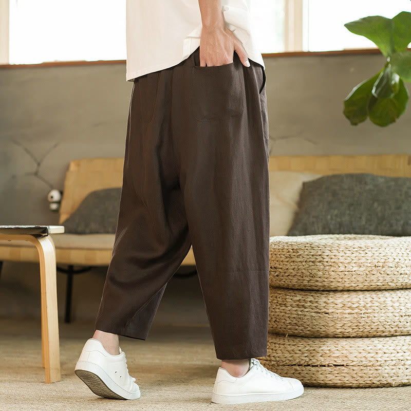 Buddha Stones Casual Retro Jednolity Kolor Prosty Design Ściągacz Męskie Lniane Elastyczne Spodnie Harem Z Kieszeniami - SaddleBrown - US/UK/AU46， EU56 (5XL) - image 21