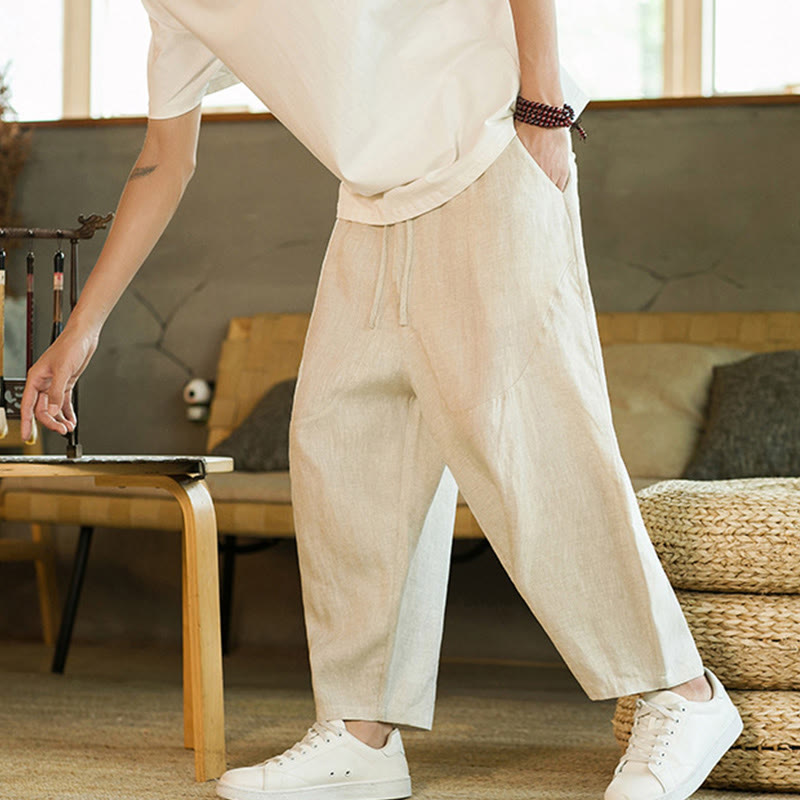 Buddha Stones Casual Retro Jednolity Kolor Prosty Design Ściągacz Męskie Lniane Elastyczne Spodnie Harem Z Kieszeniami - image 1