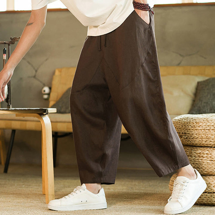 Buddha Stones Casual Retro Jednolity Kolor Prosty Design Ściągacz Męskie Lniane Elastyczne Spodnie Harem Z Kieszeniami - image 23
