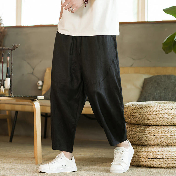 Buddha Stones Casual Retro Jednolity Kolor Prosty Design Ściągacz Męskie Lniane Elastyczne Spodnie Harem Z Kieszeniami - image 10