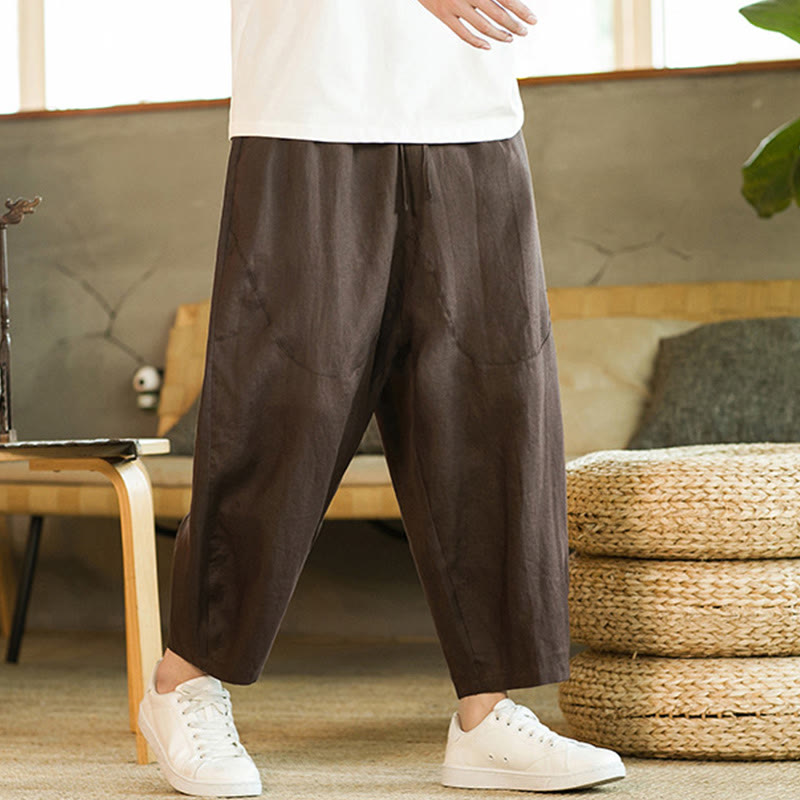 Buddha Stones Casual Retro Jednolity Kolor Prosty Design Ściągacz Męskie Lniane Elastyczne Spodnie Harem Z Kieszeniami