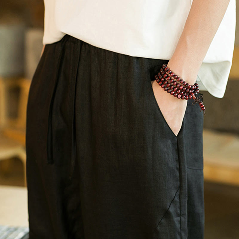 Buddha Stones Casual Retro Jednolity Kolor Prosty Design Ściągacz Męskie Lniane Elastyczne Spodnie Harem Z Kieszeniami - image 17