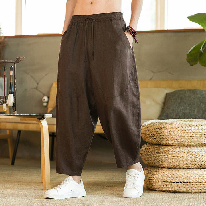 Buddha Stones Casual Retro Jednolity Kolor Prosty Design Ściągacz Męskie Lniane Elastyczne Spodnie Harem Z Kieszeniami