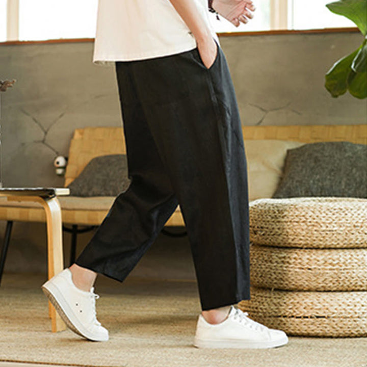 Buddha Stones Casual Retro Jednolity Kolor Prosty Design Ściągacz Męskie Lniane Elastyczne Spodnie Harem Z Kieszeniami - image 15