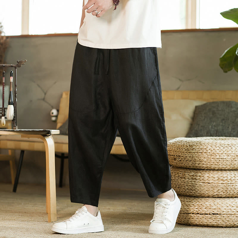 Buddha Stones Casual Retro Jednolity Kolor Prosty Design Ściągacz Męskie Lniane Elastyczne Spodnie Harem Z Kieszeniami - image 10