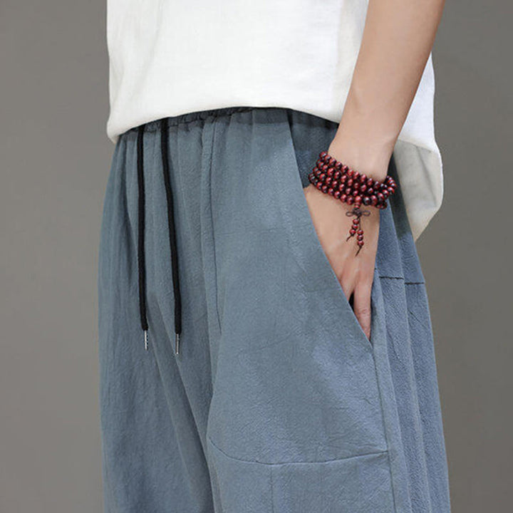 Buddha Stones, swobodne, gładkie, niskie, w kroku, ściągane sznurkiem, męskie, bawełniane, elastyczne, szerokie spodnie nogawki z kieszeniami - image 11