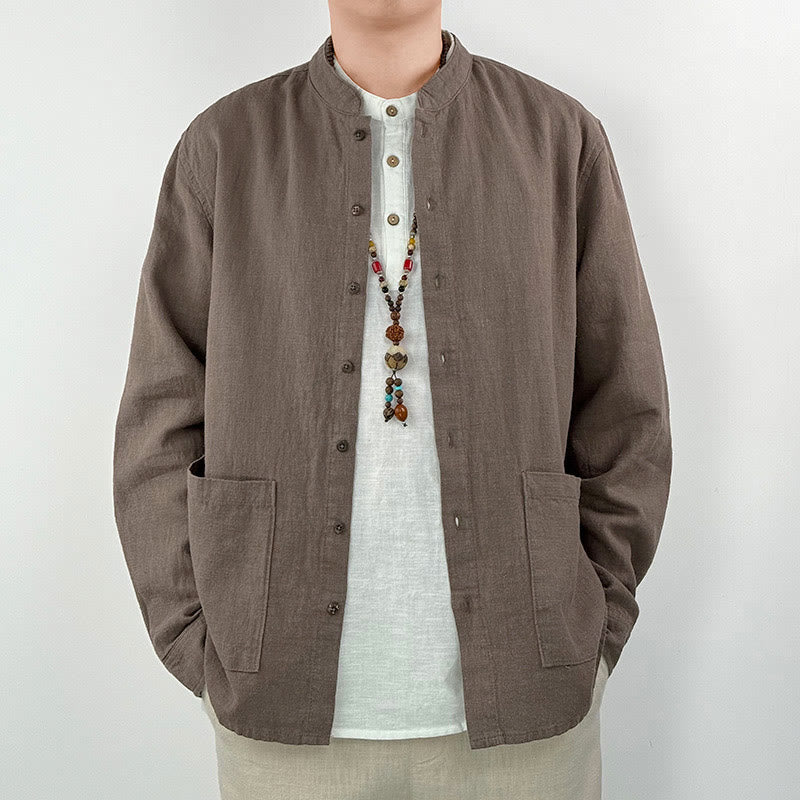 Koszula męska z kieszeniami Buddha Stones Casual Solid Color, lniana, bawełniana, z ramią i kieszeniami