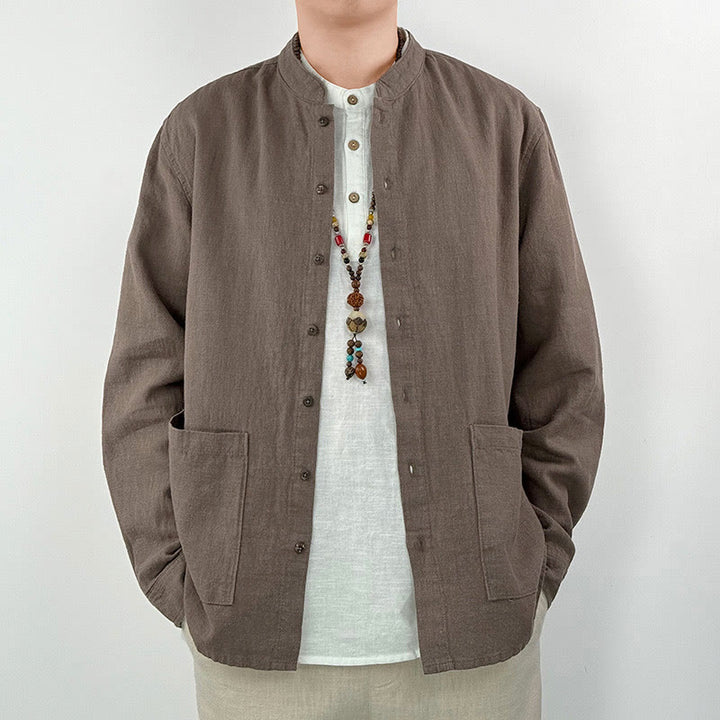Koszula męska z kieszeniami Buddha Stones Casual Solid Color, lniana, bawełniana, z ramią i kieszeniami