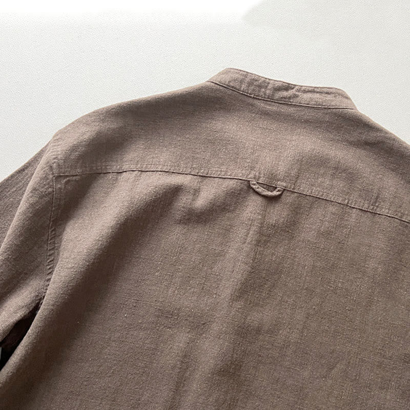 Koszula męska z kieszeniami Buddha Stones Casual Solid Color, lniana, bawełniana, z ramią i kieszeniami - image 12