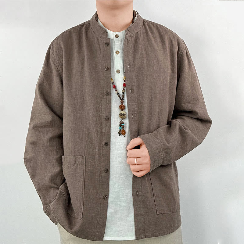 Koszula męska z kieszeniami Buddha Stones Casual Solid Color, lniana, bawełniana, z ramią i kieszeniami