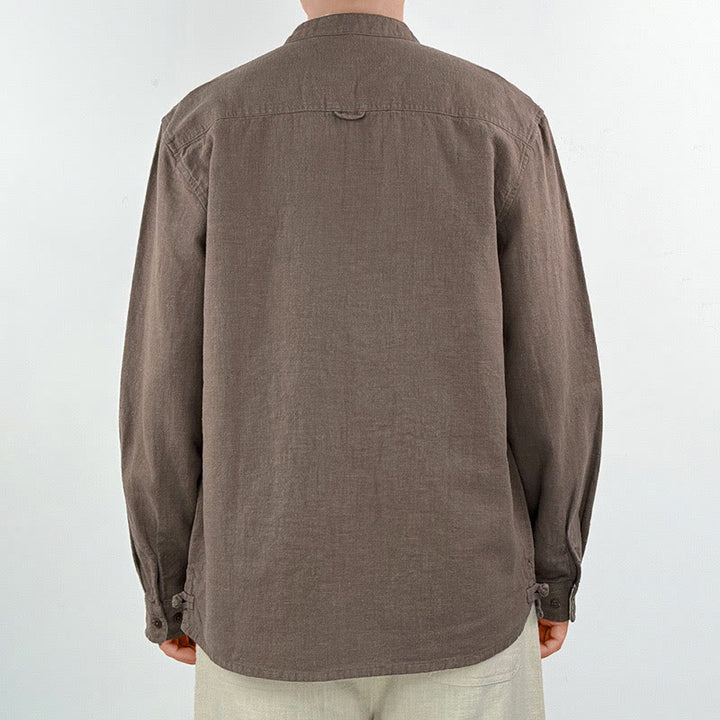 Koszula męska z kieszeniami Buddha Stones Casual Solid Color, lniana, bawełniana, z ramią i kieszeniami