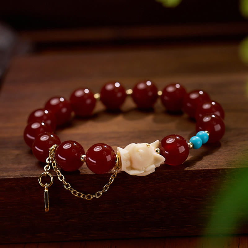 Buddha Stones Dziewięcioogonowy Lis Radość Czerwony Agat Kość Słoniowa Owoce Miedziana Złota Bransoletka Pewności Siebie