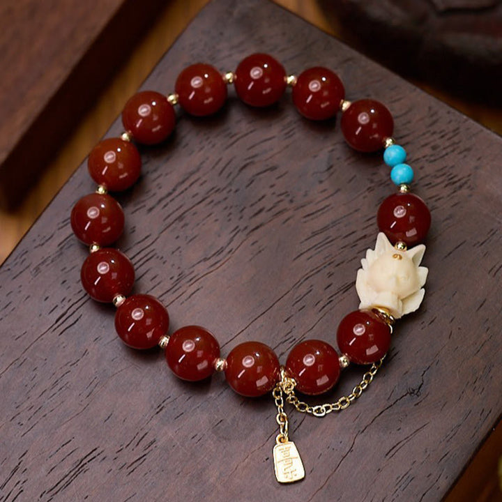 Buddha Stones Dziewięcioogonowy Lis Radość Czerwony Agat Kość Słoniowa Owoce Miedziana Złota Bransoletka Pewności Siebie