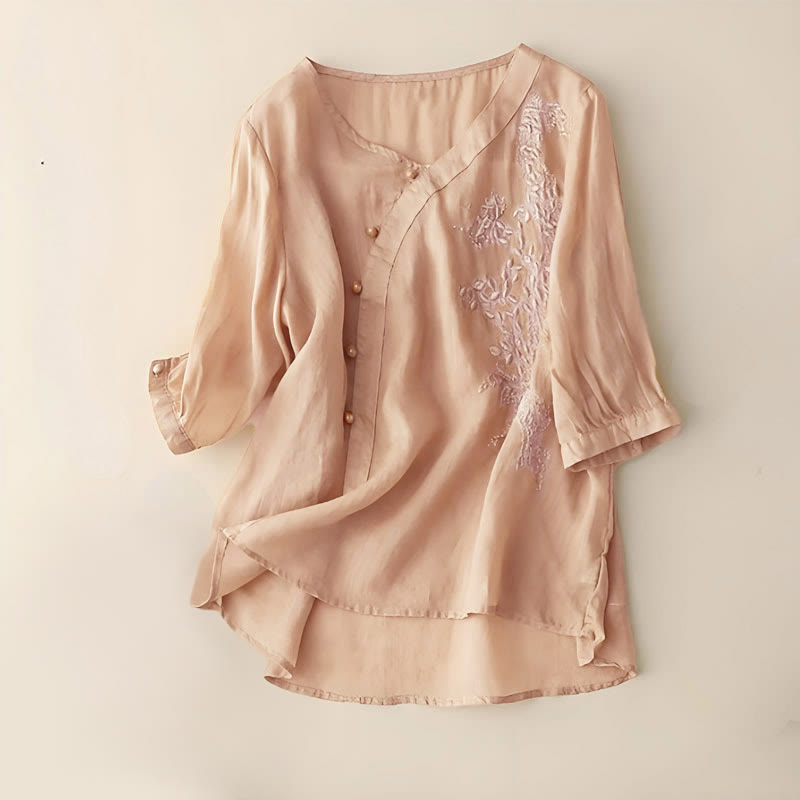 Koszula damska z krótkim rękawem i luźnym, swobodnym haftem kwiatowym „Buddha Stones” z żabą i guzikami - Nawłoć - US14, UK/AU18, EU46 (4XL) - image 6