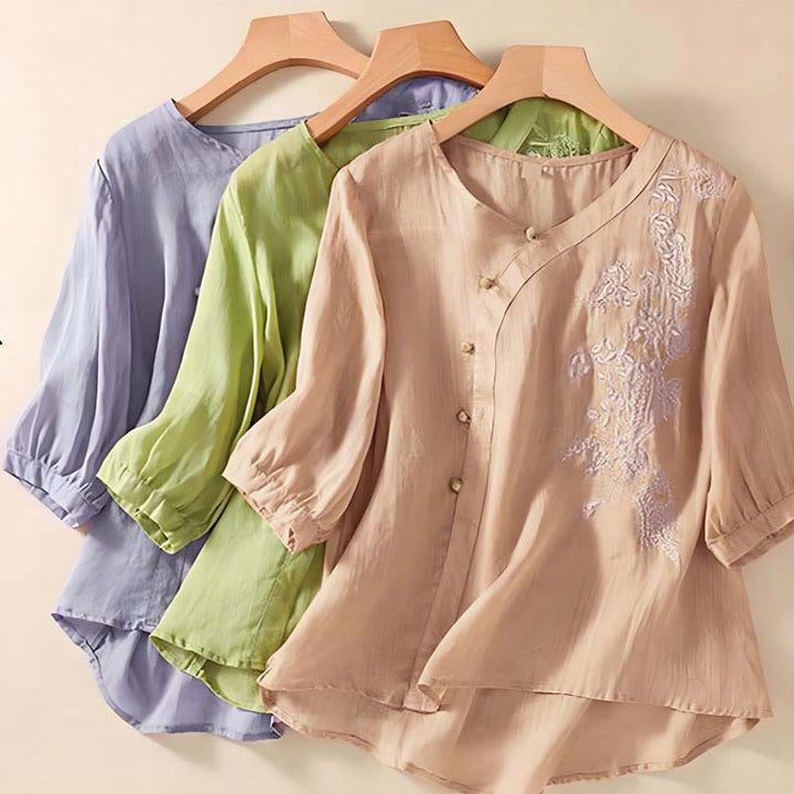 Koszula damska z krótkim rękawem i luźnym, swobodnym haftem kwiatowym „Buddha Stones” z żabą i guzikami - image 8