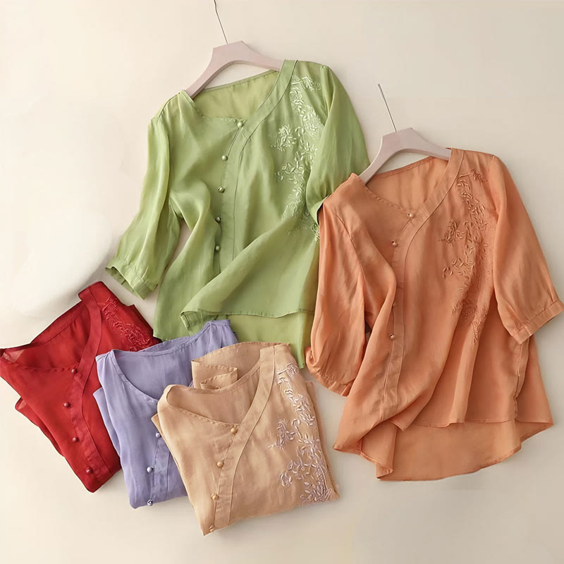 Koszula damska z krótkim rękawem i luźnym, swobodnym haftem kwiatowym „Buddha Stones” z żabą i guzikami - image 11