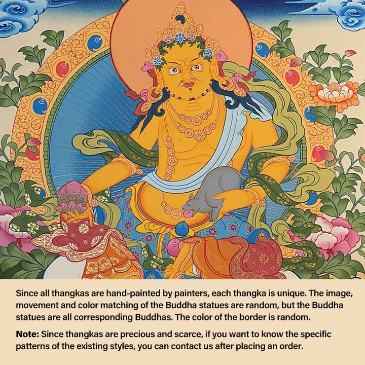 Buddha Stones Tybetańskie Malowanie Thangka Żółty Bóg Bogactwa Zielona Tara Awalokiteśwara Ręcznie Robiona Dekoracja Pudełko Niespodzianek (Losowy Styl) - 27,56*21,6 cala/70*55 cm Żółty bóg bogactwa (losowy styl thangka, skontaktuj się z obsługą klienta, aby zobaczyć dostępne style) - image 1