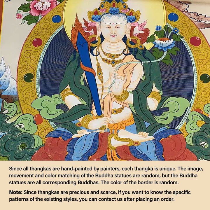 Buddha Stones Tybetańskie Malowanie Thangka Żółty Bóg Bogactwa Zielona Tara Awalokiteśwara Ręcznie Robiona Dekoracja Pudełko Niespodzianek (Losowy Styl) - 27,56*21,6 cala/70*55 cm Akasagarbha (losowy styl thangka, skontaktuj się z obsługą klienta, aby zobaczyć dostępne style) - image 18
