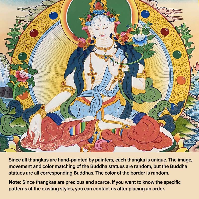 Buddha Stones Tybetańskie Malowanie Thangka Żółty Bóg Bogactwa Zielona Tara Awalokiteśwara Ręcznie Robiona Dekoracja Pudełko Niespodzianek (Losowy Styl) - 27,56*21,6 cala/70*55 cm Biała Tara (losowy styl thangka. Skontaktuj się z obsługą klienta, aby zobaczyć dostępne style) - image 11