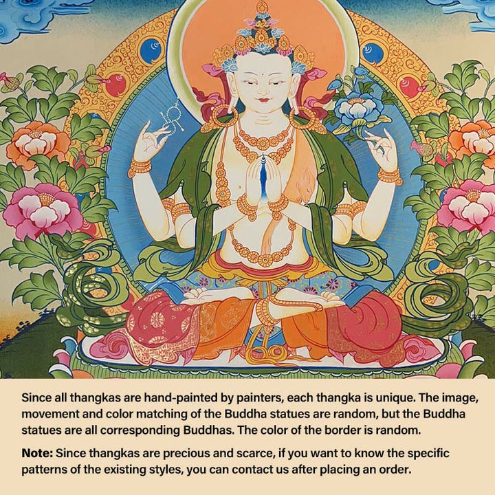 Buddha Stones Tybetańskie Malowanie Thangka Żółty Bóg Bogactwa Zielona Tara Awalokiteśwara Ręcznie Robiona Dekoracja Pudełko Niespodzianek (Losowy Styl) - 27,56*21,6 cala/70*55 cm Czteroramienna Awalokiteśwara (losowy styl thangka, skontaktuj się z obsługą klienta, aby zobaczyć dostępne style) - image 13
