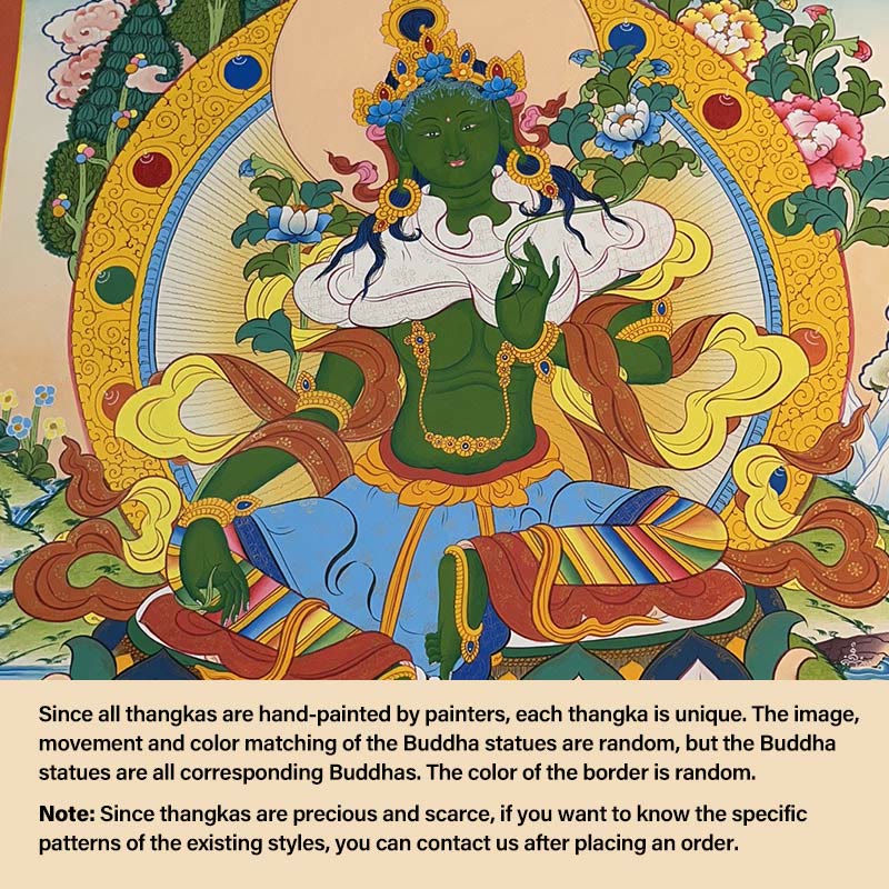 Buddha Stones Tybetańskie Malowanie Thangka Żółty Bóg Bogactwa Zielona Tara Awalokiteśwara Ręcznie Robiona Dekoracja Pudełko Niespodzianek (Losowy Styl) - 27,56*21,6 cala/70*55 cm Zielona Tara (losowy styl thangka, skontaktuj się z obsługą klienta, aby zobaczyć dostępne style) - image 7