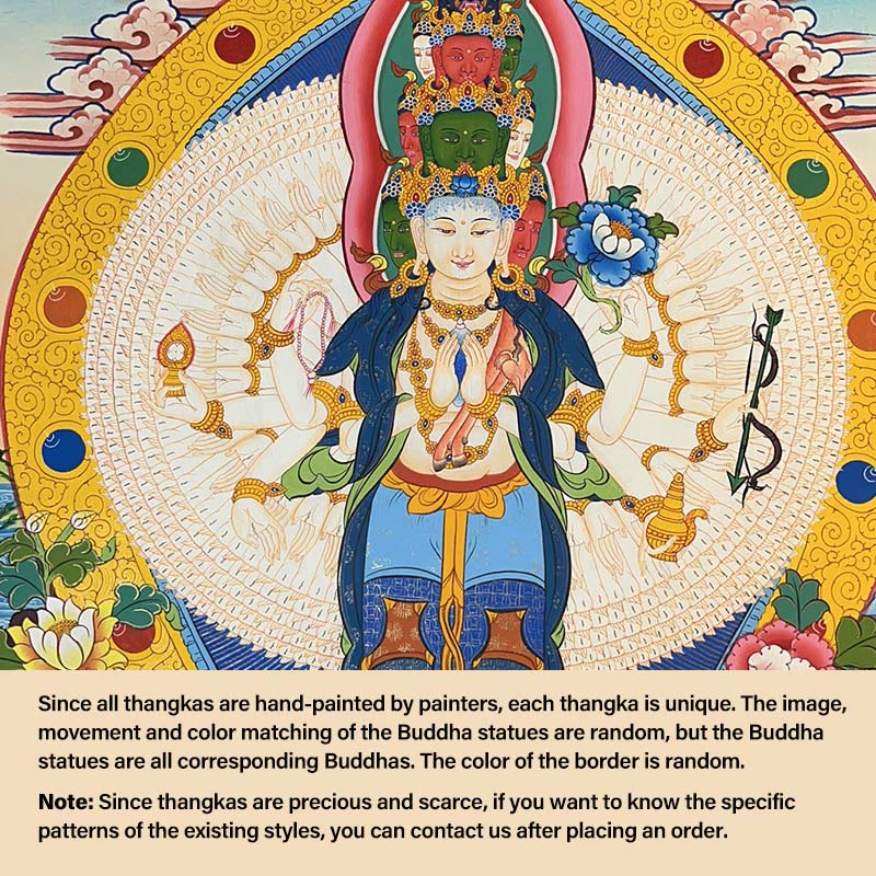 Buddha Stones Tybetańskie Malowanie Thangka Żółty Bóg Bogactwa Zielona Tara Awalokiteśwara Ręcznie Robiona Dekoracja Pudełko Niespodzianek (Losowy Styl) - 27,56*21,6 cala/70*55 cm Tysiącramienny Awalokiteśwara (losowy styl thangka, skontaktuj się z obsługą klienta, aby zobaczyć dostępne style) - image 5