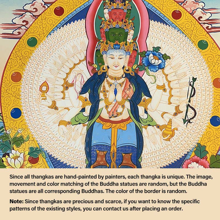 Buddha Stones Tybetańskie Malowanie Thangka Żółty Bóg Bogactwa Zielona Tara Awalokiteśwara Ręcznie Robiona Dekoracja Pudełko Niespodzianek (Losowy Styl) - 27,56*21,6 cala/70*55 cm Tysiącramienny Awalokiteśwara (losowy styl thangka, skontaktuj się z obsługą klienta, aby zobaczyć dostępne style) - image 5