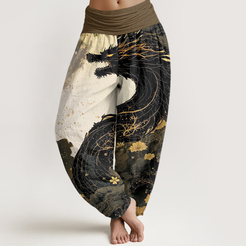 Buddha Stones Casual Dragon Ancient Tree Pattern Damskie spodnie haremowe z elastyczną talią - Czarny - US22, UK/AU26, EU54 (6XL) - image 1